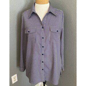 Elementz Blouse Size Medium Tan Blue Striped‎ Roll Tab Sleeves Pockets